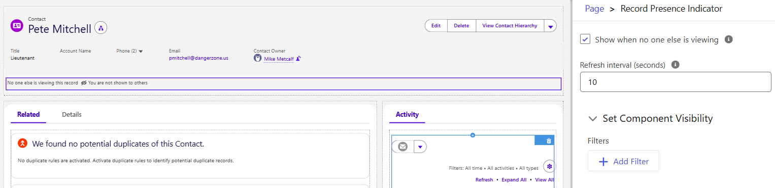 Lightning App Builder editing the Contact record page: the Record Presence Indicator component is selected under the highlights panel, and the panel on the right shows its two settings, Show when no one else is viewing and Refresh interval (seconds)