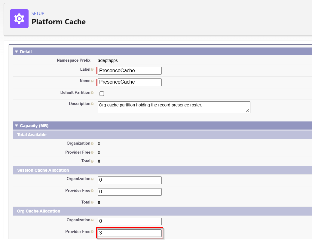 The PresenceCache partition's edit page in Setup. Under Org Cache Allocation, the Provider Free field holds 3 and is outlined in red