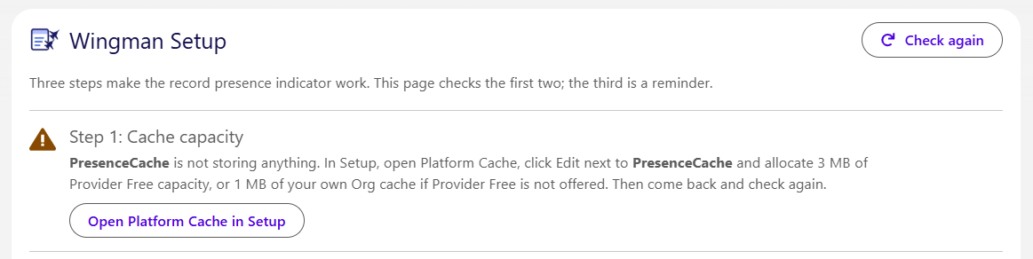 The Wingman Setup tab with an amber warning beside Step 1, Cache capacity: PresenceCache is not storing anything, and an Open Platform Cache in Setup button