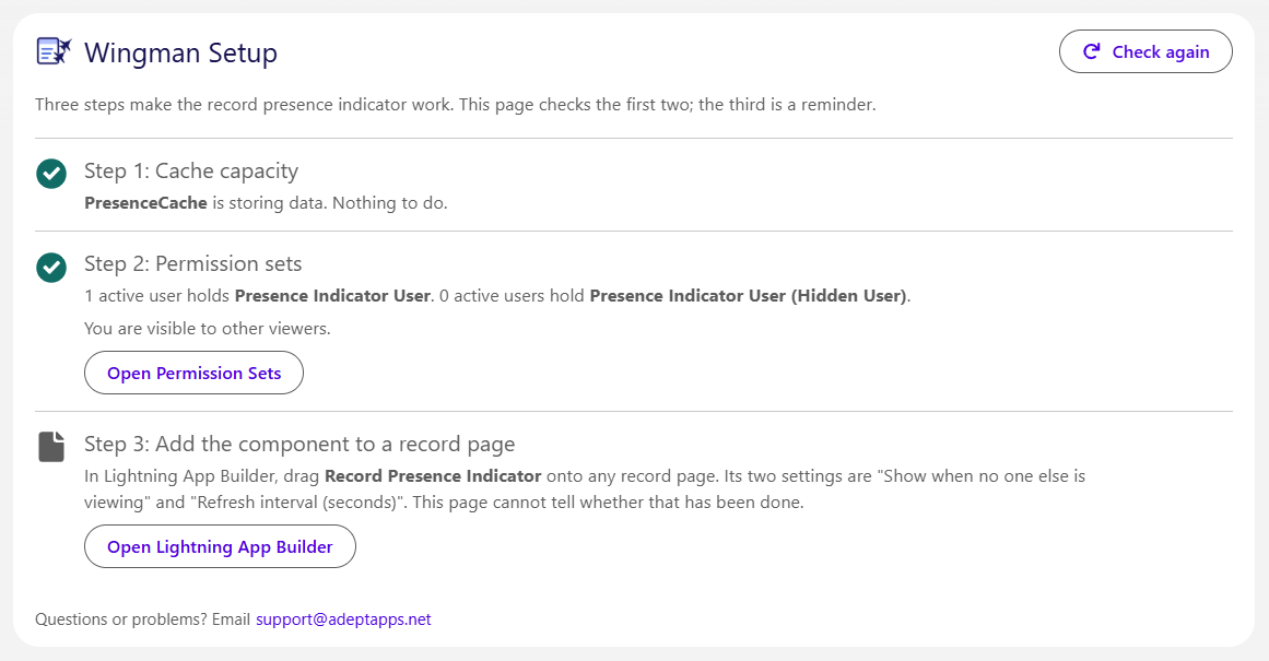 The Wingman Setup tab: green ticks beside Step 1, Cache capacity, and Step 2, Permission sets, with buttons that open Permission Sets and Lightning App Builder